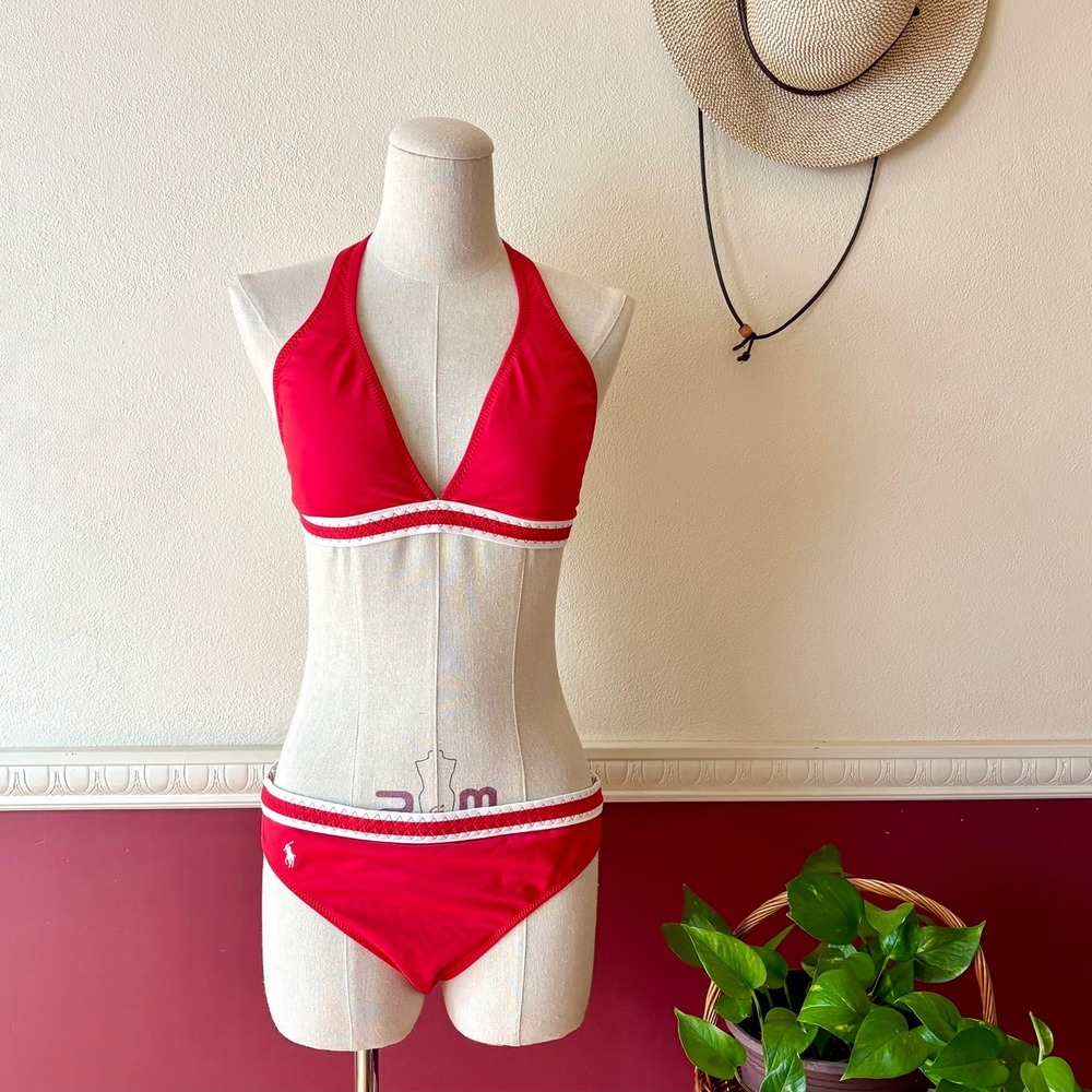 Vintage Y2K Ralph Lauren Red Bikini Set L USA Made Halter Top Pony Logo Low Rise
